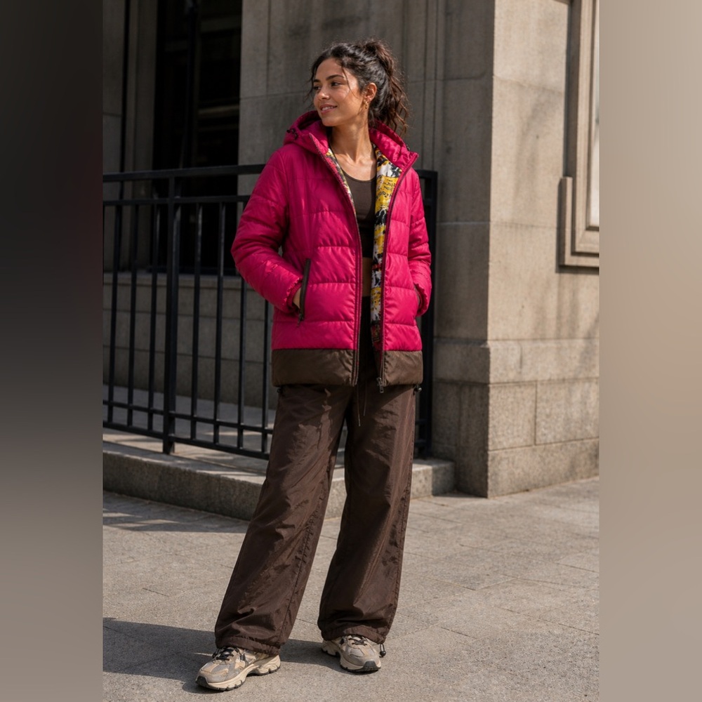 Vibrant Pink Down Jacket with Brown Accents